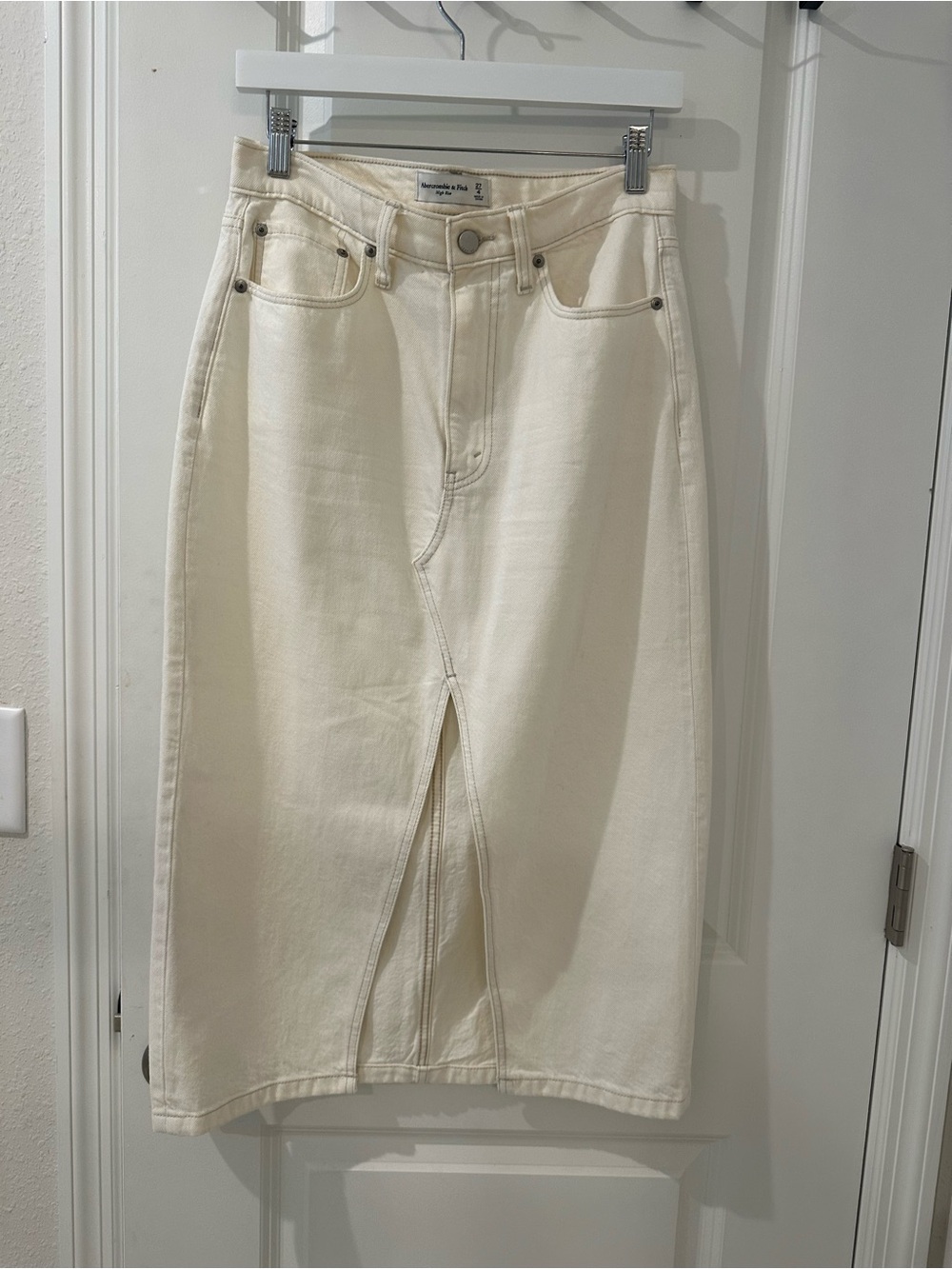 Abercrombie & Fitch Cream Midi Denim Skirt with Front Slit